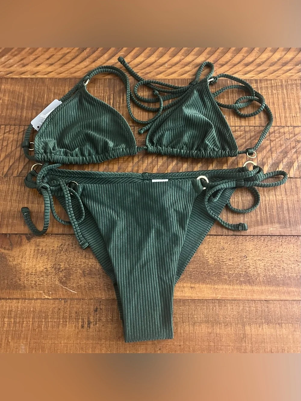 NWT Aerie FULL SET Shine Rib String Triangle Top + Cheekiest Tie Bottom Green S